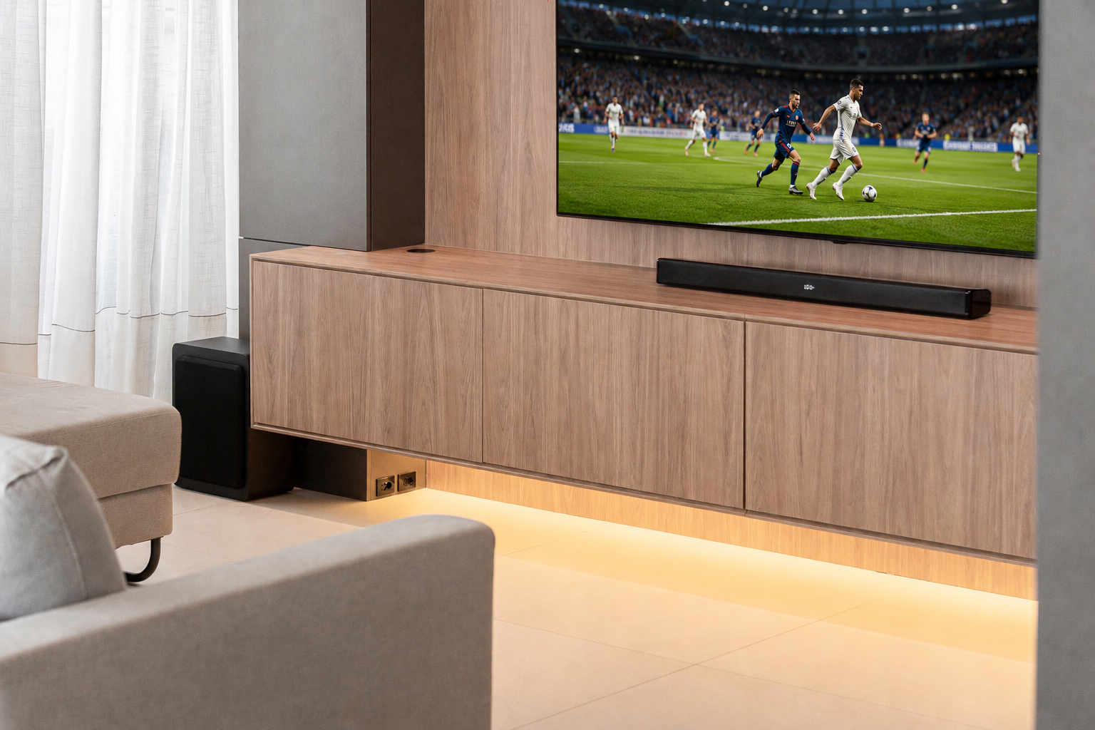 Soundbar Encore HT-S21 na sala com jogo de futebol na TV